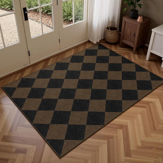 Easy Jute Checkered Entryway Rug, 2.6x4 Coffee Modern Indoor Outdoor Doormat Non-Slip Washable Kitchen Rug, Neutral Farmhouse Diamond Throw Rugs for Entrance Bedroom Porch Patio
