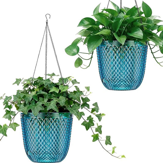 QCQHDU Self Watering Hanging Pots, 2 Pack 5.7 Inch Hanging Planters for Plants Indoor, Outdoor Flower Pots with Drainage Holes and 3 Hooks Chains for Garden Home (Klein Blue)