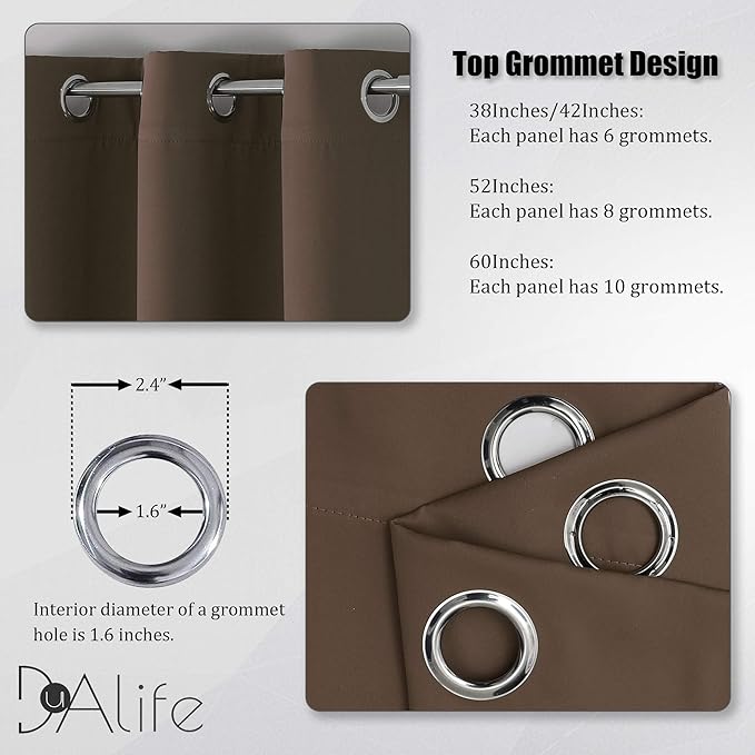 DUALIFE Brown Curtains 96 Inches Long Coffee Color Blackout Curtains with Grommet 2 Panels Set Thermal Insulated Room Darkening Solid Widow Curtain Panels/Drapes for Bedroom 52x96 Inch