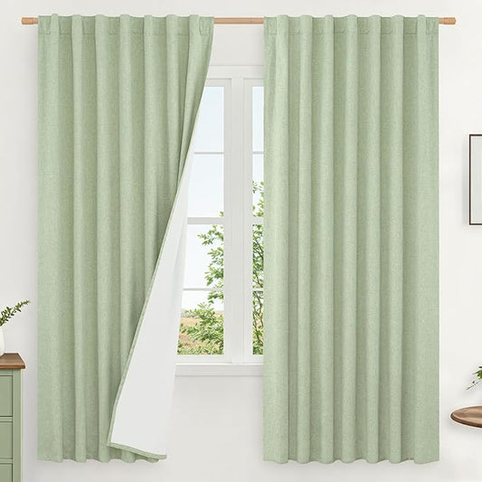 LAMIT 100% Blackout Linen Curtains 63 Inches Long, Linen Textured Living Room Farmhouse Curtains Room Darkening Back Tab and Rod Pocket Panels with White Liner, 2 Panels, Light Green, 60 x 63 Inch