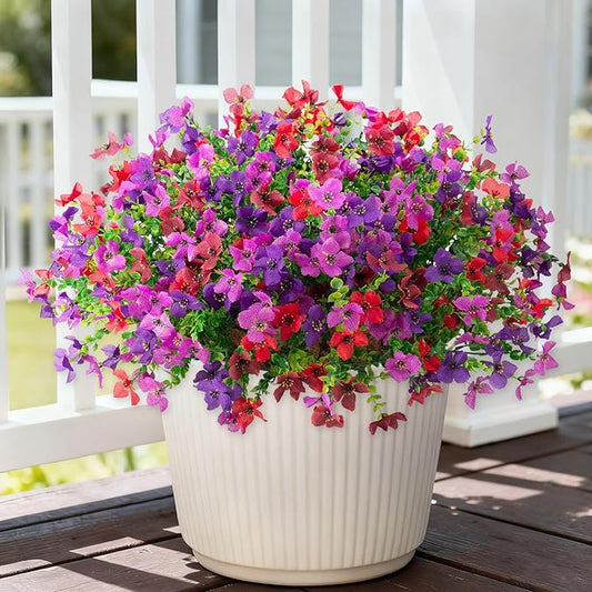 Artificial Flowers for Outdoors Spring Summer Decoration, 12 Bundles Fake Silk Colorful Daisy Eucalyptus Realistic UV Resistant for Outside Home Planter Porch Yard Decor (Purple Red Brown)