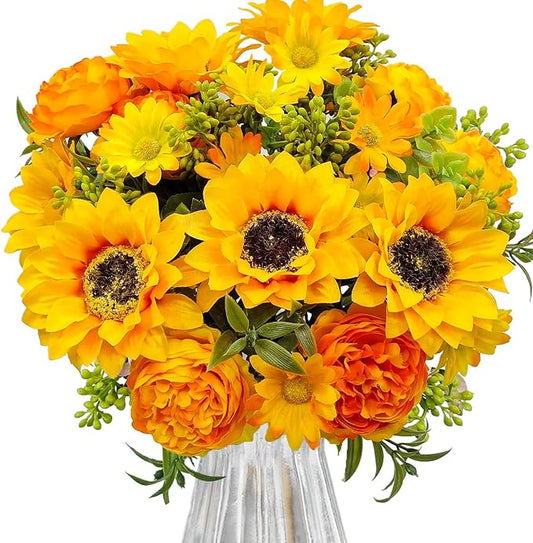 Artificial Flowers for Decoration, 3Pcs Fake Sunflower with Peonies Artificial Flowers Bouquet Silk Flowers for Home Wedding Party Table Centerpieces Vase Decor Indoor Floral Displays (Yellow)