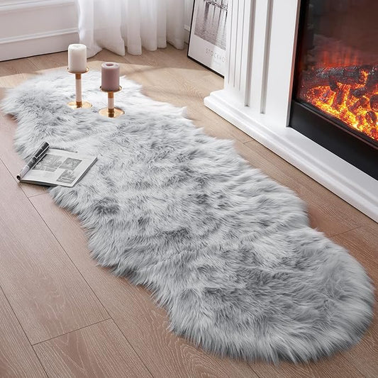 Faux Fur Rug for Bedroom, Gray Fluffy Rug Soft Sheepskin Runner Rug Sofa Couch Seat Cushion, 2x6ft Grey Plush Area Shag Rugs Floor Carpets for Nursery Bedside, Cute Shaggy Fuzzy Home Decor