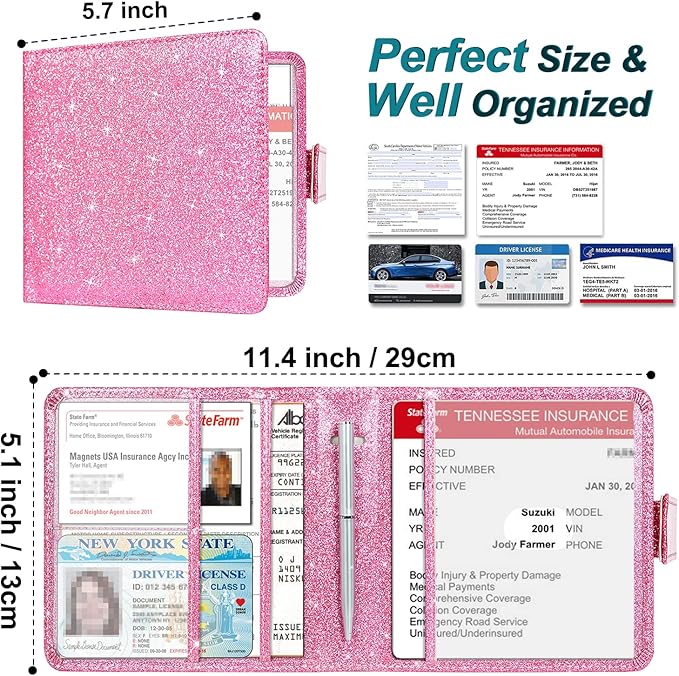 Car Registration and Insurance Holder, Vehicle Glove Box Car Organizer with Magnetic Closure, Auto Truck Comparment Accessories Case for Cards, Essential Document and Driver License