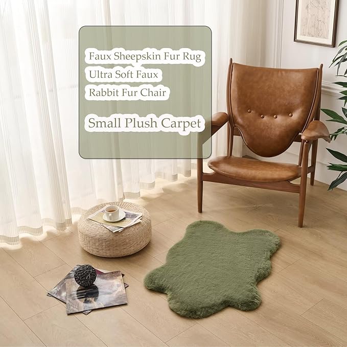 1700GSM Fuzzy Faux Sheepskin Fur Area Rug,Extra Soft Faux Fur Mat,Fluffy Shaggy Fur Rug for Bedroom Living Bedside Rug Room Decor-Sage Green, 2 x6 ft