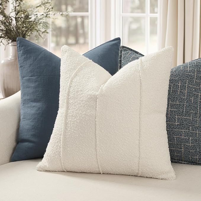 YCOLL Textured Boucle Throw Pillow Covers 18x18 Pack of 2 - Soft Neutral Striped Cushion Covers, Cozy Accent Decorative Pillow Covers for Couch, Sofa, Bed, Living Room (Ivory)