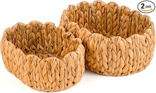 Set of 2 Small Wicker Storage Basket, Oval Water Hyacinth Baskets for Organizing, Scalloped Edge Rattan Basket for Shelf Organizer, Nursery Room