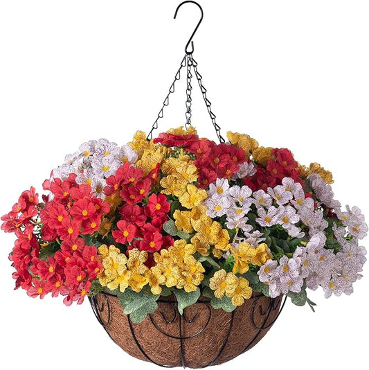 Artificial Flower in Hanging Basket Outdoor Indoor Decoration,Coconut Lining Flowerpot with Faux Plant,Daisy with Eucalyptus Leaves Arrangement for Home Spring Summer Decor(Red White Yellow)