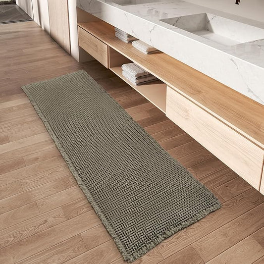 Upgraded Waffle Runner Rug, Super Absorbent Non Slip Bath Mats for Bathroom Floor, Machine Washable Bathroom Runner Rug with Tassels, Ideal for Hallway Bedroom Laundry Room, Dark Green, 17" x 72"