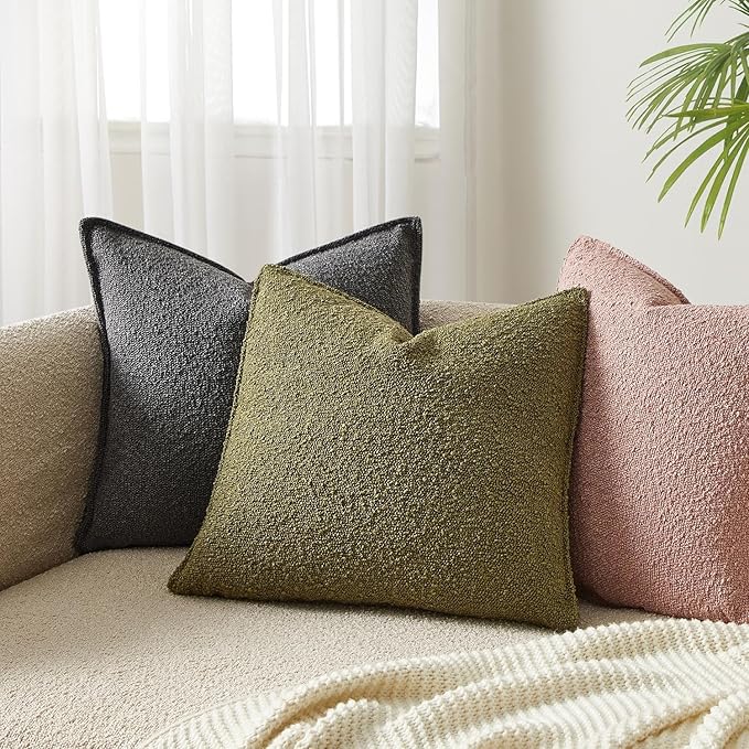 JUSPURBET 24x24 Pillow Covers Set of 2 Decorative Throw Pillow Covers Case for Couch Sofa Bed Soft Boucle Textured Cushion Covers with Hidden Zipper for Home Decor Living Room,Olive Green