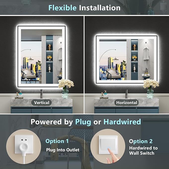 24x36 Black Framed LED Bathroom Mirror with Lights, Backlit and Front Lit, Anti-Fog Lighted Vanity Mirrors for Bathroom Wall, Dimmable, 3-Color Light, Memory, Shatter-Proof, HD Tempered Glass