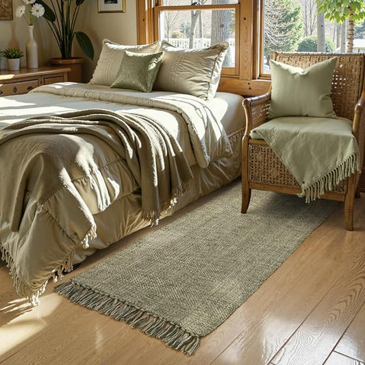 Collive Washable Runner Rugs for Hallways, 2' x 5' Natural/Green Entryway Runner Rug Soft Hand-Woven Contemporary Modern Laundry Room Indoor Carpet for Bathroom Bedroom Kitchen Front Door