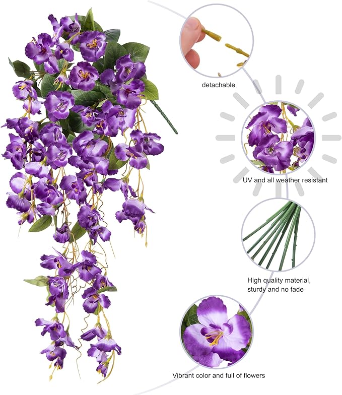 Fake Hibiscus Artificial Hanging Flowers Plants for Outdoors Spring Decoration, 2pcs Silk Hibiscus Vines Realistic UV Resistant Purple Faux Flowers for Outside Planter Porch Patio Yard Wedding Party