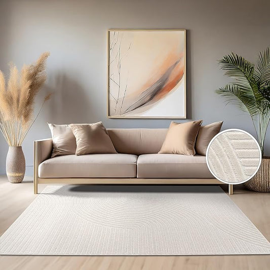 Paco Home Modern Area Rug with Raised Curved Line Pattern – Minimalist Design in Cream, Size: 7'10" x 11'2"