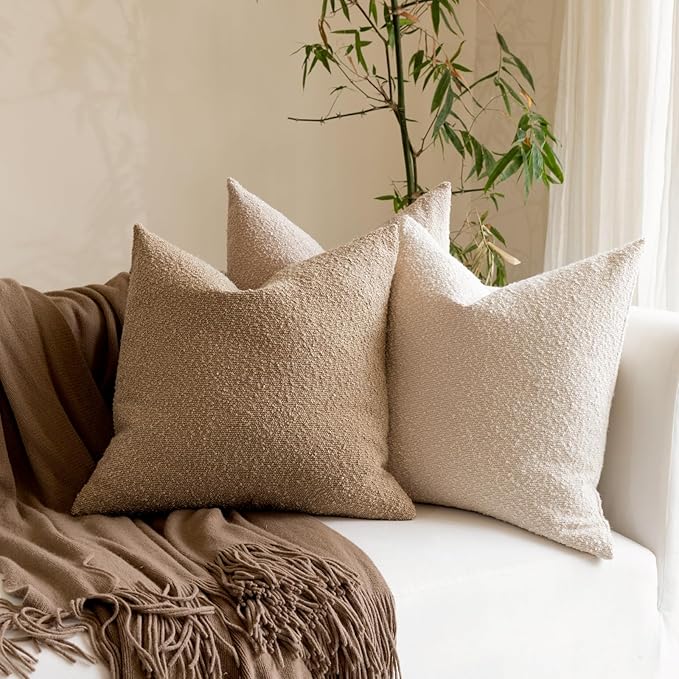 Boucle Decorative Throw Pillow Covers for Couch Set of 2, 16x16 inches, Camel