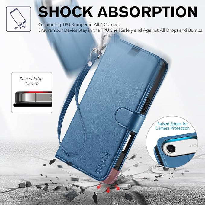 TUCCH Wallet Case for iPhone Air (6.5-Inch) 2025, Wrist Strap | RFID Blocking 4 Card Holders | Stand | Shockproof TPU Shell | PU Leather | Magnetic | Protective Flip Cover | Light Blue
