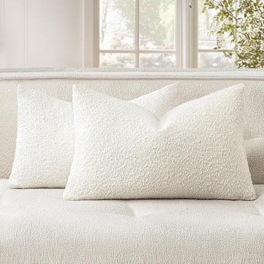 Woaboy Pack of 2 12x20 Inch Decorative Boucle Throw Pillow Covers Textured Lumbar Pillowcaes Accent Solid Cozy Soft Cushion Covers Christmas Home Decor for Bed Sofa Couch Living Room Chair,White