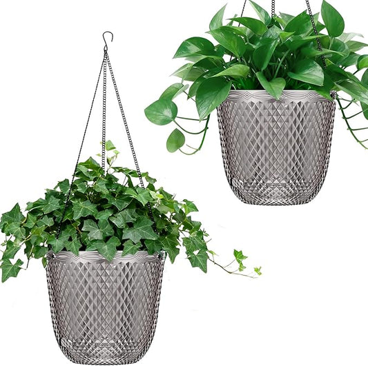 QCQHDU Self Watering Hanging Pots, 2 Pack 5.7 Inch Hanging Planters for Plants Indoor, Outdoor Flower Pots with Drainage Holes and 3 Hooks Chains for Garden Home (Gray)