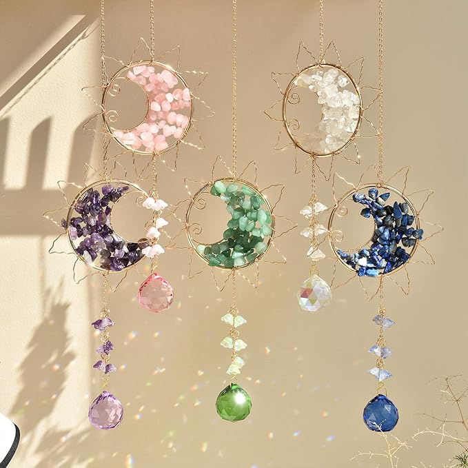 Hanging Sunlight Catcher, Sun & Moon Crystal Suncatcher, Crystal Hanging Ornament, Hanging Crystals for Decoration, Festival Gift, Window Decoration (Green)