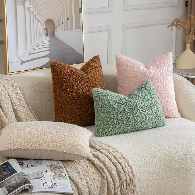 Yaertun Pack of 2 Faux Fur Throw Pillow Covers Decorative Sherpa Boucle Pillow Covers Fuzzy Soft Pillowcases Sheepskin Fleece Cushion Case for Couch Sofa Bed Living Room 12x20 Inch Sage Green