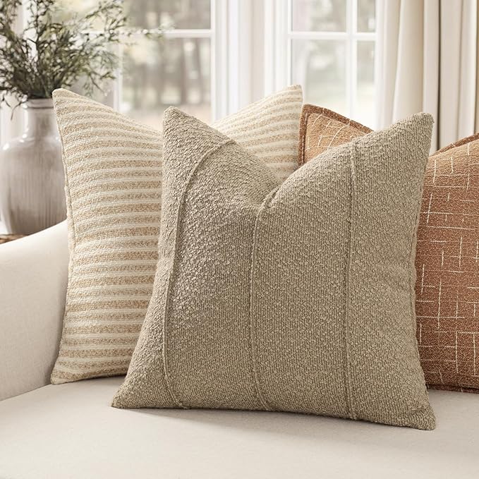 YCOLL Textured Boucle Throw Pillow Covers 22x22 Pack of 2 - Soft Neutral Striped Cushion Covers, Cozy Accent Decorative Pillow Covers for Couch, Sofa, Bed, Living Room (Taupe)