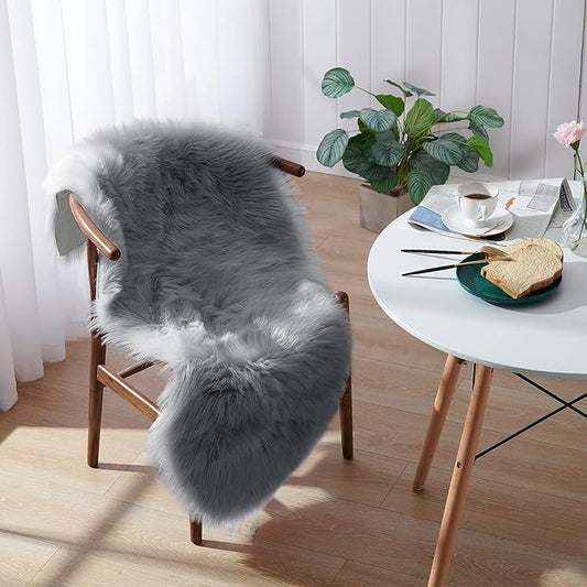 Small Faux Fur Rug, 2x4 ft Ultra Soft Sheepskin Rugs Chair Sofa Cover Seat Pad, Grey Fluffy Shag Rug for Bedroom Nursery Kids Room, Gray Shaggy Rug Fuzzy Plush Floor Carpets, Cute Dorm Home Decor