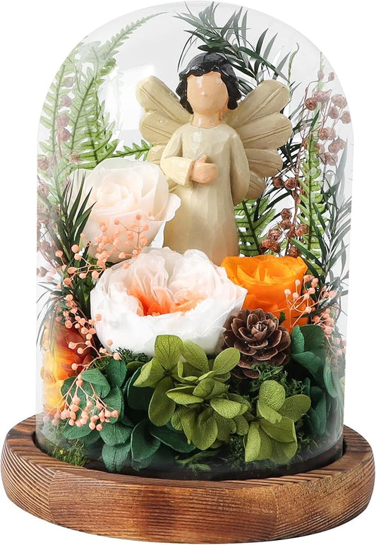 Preserved Flowers in Glass Dome, Forever Flower, Eternal Flowers, Birthday Gifts for Women, Gifts for Mom Girlfriend Her Friendship, Home Decor Living Room Bedroom (Creamsicle)