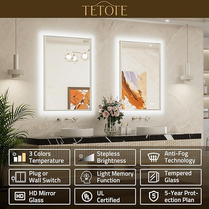 TETOTE 60 x 40 Backlit Bathroom Mirror Brushed Nickel Metal Frame LED Light Vanity 3-Color White/Warm/Natural Stepless Dimmable Anti-Fog Backlight Mirror Wall-Mounted