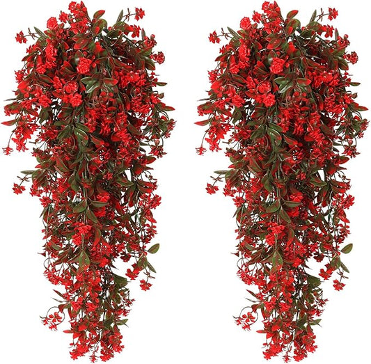 RECUTMS 2 Pack Artificial Greenery Plastic Flower Fake Hanging Plant Vines Plants UV Resistant for Outdoor Home Garden Wall Office Wedding Party Hanging Basket Decoration (Red)