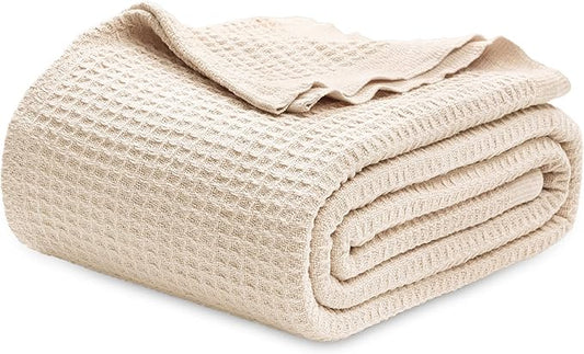 Bedsure Gentlesoft 100% Cotton Blanket Twin XL Size for College Dorm - Breathable and Soft, Waffle Weave Twin Blanket for Summer, Dorm Room Essentials, Yellowish Cream, 66x90 inches