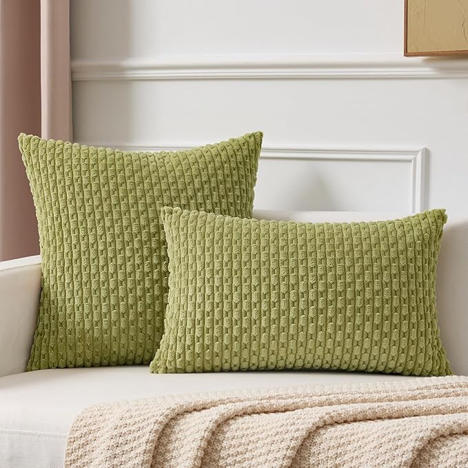 Kevin Textile Spring Decorative Pillow Covers Set of 2 Striped Plush Corduroy Pillows Pillowcases Boho Home Decor Cushion Covers for Couch Sofa Bed Living Room 20x20 Inch, Grass Green