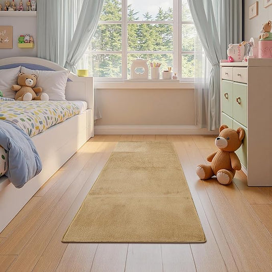 jinchan Solid Plush Runner Rug 2x5 Performance Shaggy Washable Hallway Rug Soft Modern Faux Wool Cozy Non Slip Carpet for Bedroom Laundry Room Living Room Kids Nursery Tan