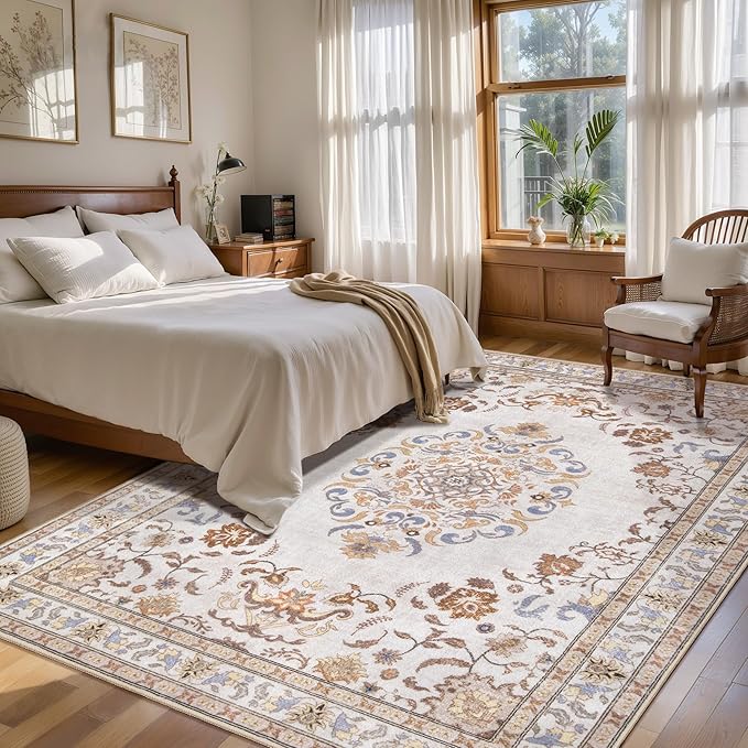 Tangsoo 5x7 Washable Area Rug, Non Slip Boho Neutral Rug for Bedroom Living Room, Vintage Beige Tan Soft Low Pile Floor Indoor Carpet for Bathroom Office Kid & Pets Friendly Home Decor