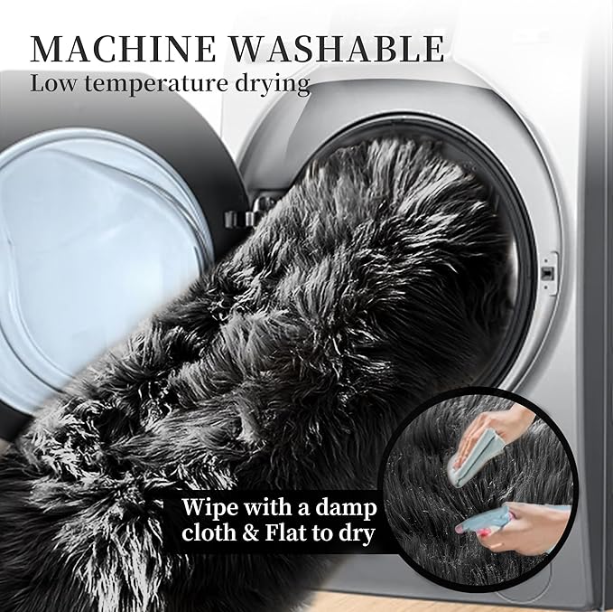 Washable 6x9 Area Rugs for Living Room Black Fuzzy Faux Sheepskin Shag Fur Rug for Bedroom Nursery Rectangle Rug Home Décor