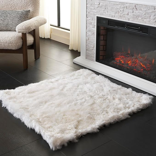 SAFAVIEH Sheep Skin Collection Area Rug - 3' Square, Natural & White, Handmade Rustic Glam Genuine Pelt, 3.4-inch Thick Ideal for High Traffic Areas in Living Room, Bedroom (SHS211A)