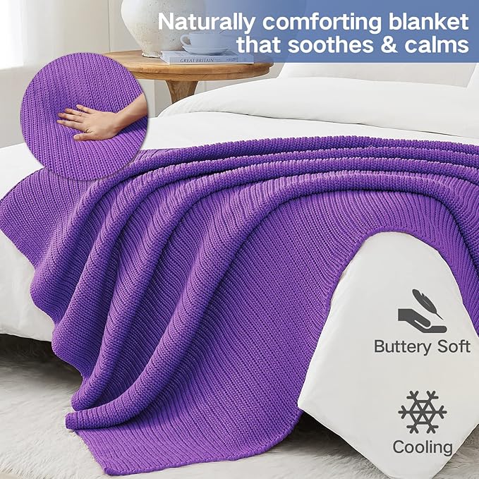 Guohaoi Knitted Weighted Blanket for Adults (Purple 60"x80" 17lbs) No Beads Cooling Throw Blanket for Hot Sleepers, Home Decor Breathable Chunky Knit Heavy Blanket Use on Queen/King Size Bed