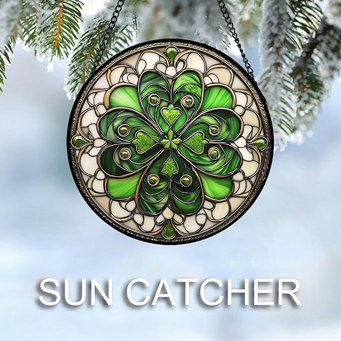 DASTOLL Stained Glass Window Hanging St. Ripak Festival Green Lucky Clover 9.8" - Suncatcher Door Garden Sun Catcher Ireland Decor Mother's Day for Mom Woman Her Men Sisters