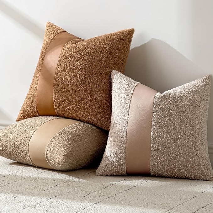 MIULEE Boucle Throw Pillow Covers 22x22 Inch Set of 2 Brown Faux Leather Textured Decorative Pillow Cases Boho Farmhouse Accents Cushion Covers for Couch Bed Livingroom Home Decor