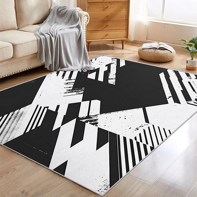 Black and White Rugs for Home Decor, 6x9 ft, Abstract Geometric Area Rugs for Living Room, Soft Non Slip Washable Modern Minimalist Carpet Bedroom Decorations Dt-Ghf-31