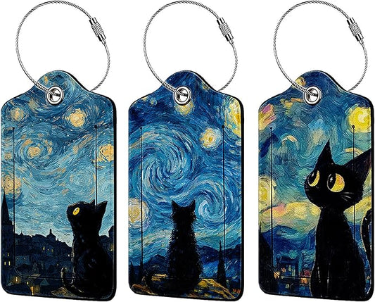 Black Cat Starry Night 3 Pack Luggage Tags for Suitcases, PU Leather Baggage Suitcases Tag Name ID Label Privacy Cover Travel Bag Tags for Women Men Boys Girls