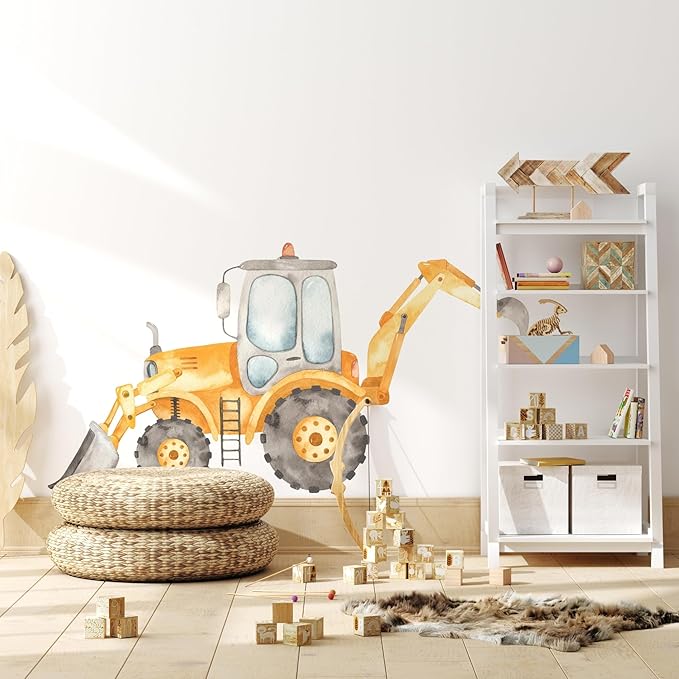 Construction Tractor Backhoe Loader Wall Decal for Boys Room, Construction Eqipment Peel Stick Removable Fabric Wall Sticker, Nursery or Playroom Decor, Repositionable (24 inch: 13" Tall x 24" Wide)