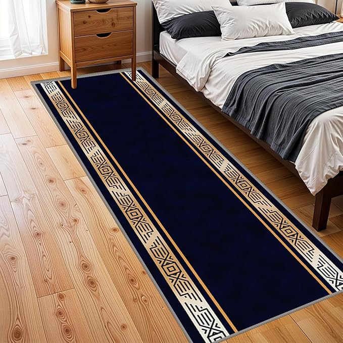 Abstract Navy Blue Runner for Entryway, 2.6x7ft, Retro Luxury Gold Geometric Border Living Room Rug, Print Fade Resistant Absorbent Dirty Resistant Long Indoor Rugs for Bedside Sofa