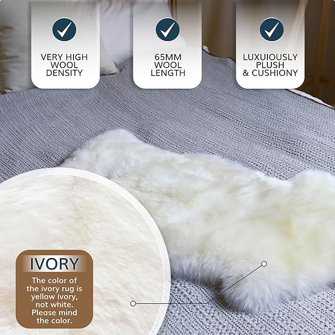 WaySoft New Zealand Sheepskin Area Rug – Genuine Fluffy Wool, Multiple Sizes, Bedroom or Living Room Decor(2ft x 3ft,Ivory)