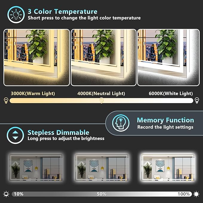 77x36 LED Bathroom Mirror with Lights, Backlit & Front Lit, Anti-Fog Frameless Lighted Vanity Mirrors for Bathroom Wall, Dimmable, 3-Color Light, Memory, Shatter-Proof, Tempered Glass, CRI＞90