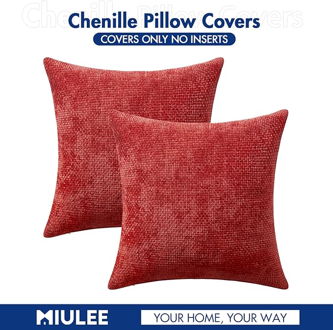 MIULEE Pack of 2 Christmas Red Couch Throw Pillow Covers 20x20 Inch Modern Boho Accent Decorative Pillow Covers Soft Chenille Farmhouse Cushion Covers for Home Decor Bed Sofa Living Room