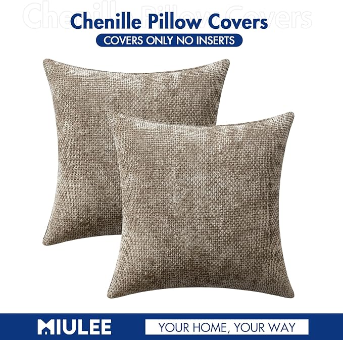 MIULEE Pack of 2 Couch Throw Pillow Covers 18x18 Inch Neutral Khaki Modern Boho Accent Decorative Pillow Covers Soft Chenille Farmhouse Cushion Covers for Home Decor Bed Sofa Living Room
