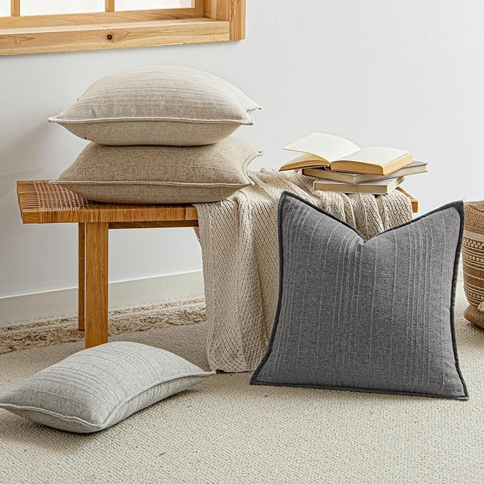 a moment Linen Pillow Covers Set of 2,Boho Farmhouse Throw Pillowcases Neutral Textured Decorative Covers for Couch Sofa,Soft Linen Blend Accent Case Cushion Living Room Home Decor 20"x12"Rustic Gray