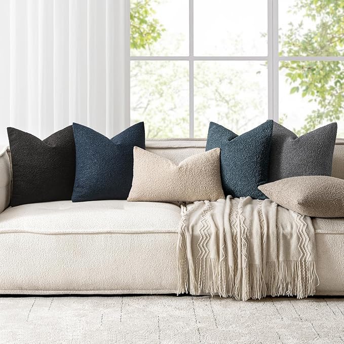 Woaboy Pack of 2 20x20 Inch Decorative Boucle Throw Pillow Covers Textured Square Pillowcaes Accent Solid Cozy Soft Cushion Covers Home Decor for Sofa Couch Living Room Home Decor,Black