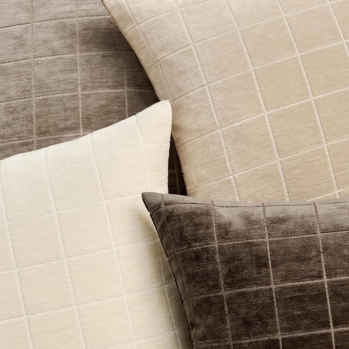 MIULEE Decorative Chenille Check Throw Pillow Covers Vintage Plaid Couch Pillows 20x20 Inch Set of 2 Neutral Boho Farmhouse Cushion Covers Modern Spring Home Decor for Sofa Bed Living Room Cream