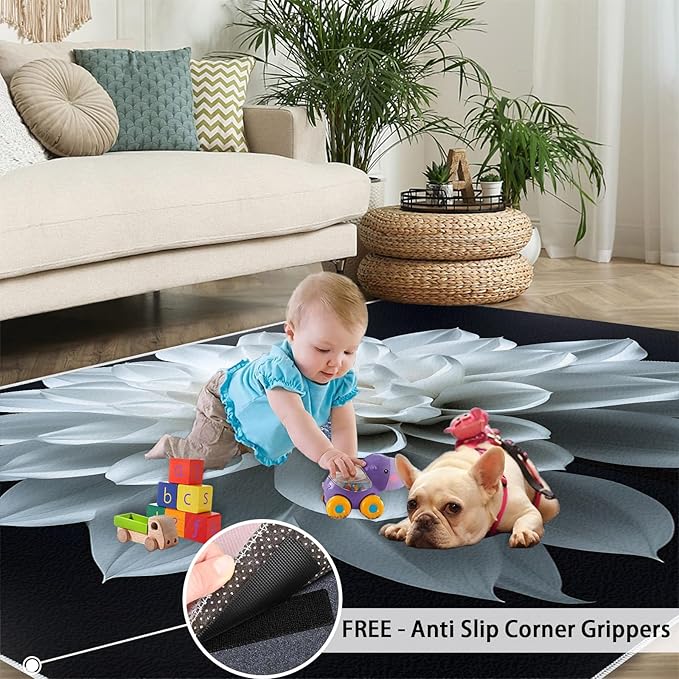 Petals Washable Area Rugs 3x5 Non-Slip Dahlia Living Room Rug White Flower Soft for Carpet Low Pile Indoor Door Mat & Room Decor